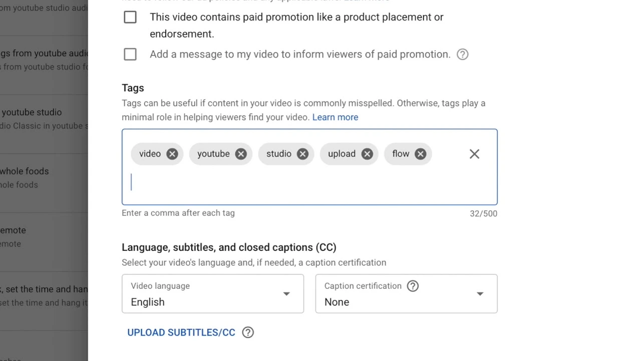 YouTube Studio desktop interface showing the Video Details panel with the tags input field visible under the More Options section
